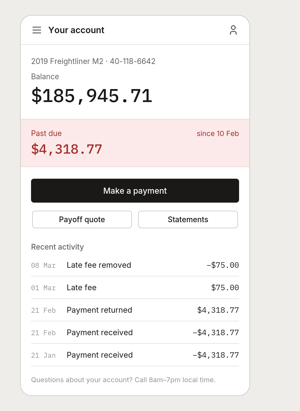 The borrower's mobile account view: balance, a past-due banner, payment actions, and recent activity in plain language.